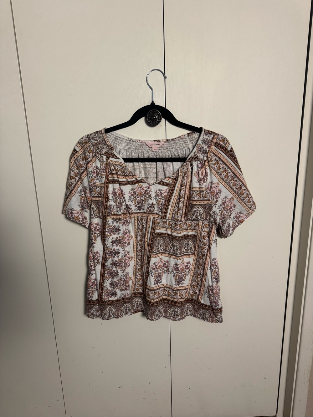 Lucky Brand White Floral Patchwork Short Sleeve Blouse